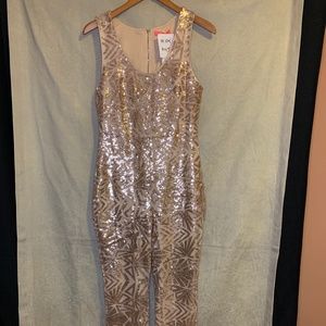 Xtaren beige and gold sequin jumpsuit, Sz L
